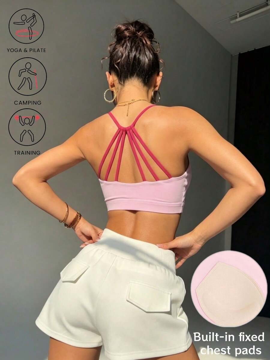 女款拼色六條式露背運動內衣,細肩帶鏤空防震健身內衣,瑜珈/皮拉提斯上衣,附固定胸墊,粉紅色 - 粉色 - 查看 1