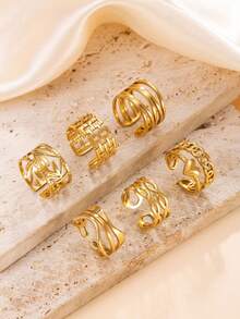 6pcs Vintage Personalized Multi-Layer Design Hollow Leaf Stainless Steel Rings, Suitable For Women's Daily Wear Or Party - Gold - View 4