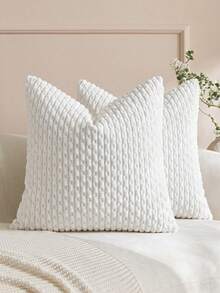 1pc/2pcs White Bohemian Striped Throw Pillow Cover (Insert Not Included), Soft Plush Corduroy Solid Color Decorative Square Pillow Case, Suitable For Holiday, Sofa, Bedroom, Bed, All Seasons Use. - White - View 2
