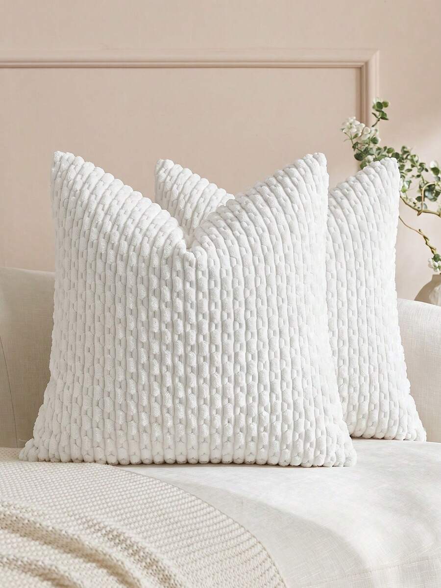 1pc/2pcs White Bohemian Striped Throw Pillow Cover (Insert Not Included), Soft Plush Corduroy Solid Color Decorative Square Pillow Case, Suitable For Holiday, Sofa, Bedroom, Bed, All Seasons Use.
