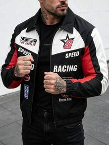 Men's Spring/Autumn Stylish Casual Letter Print Color-Blocked Motorcycle Racing Jacket, Simple And Versatile Lapel Men's Coat, Suitable As A Gift For Friends, Husbands, Or Boyfriends. - Black - View 5