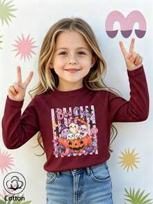 Halloween Girls Cotton Raglan Long Sleeve T-Shirt With Cartoon Pumpkin Candy Print, Cute Sweet Preppy Style - Maroon - View 2