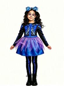 2pcs/Set Cute Skeleton Long Sleeve Jumpsuit & Skirt Set For Young Girl, Halloween Costume, Cosplay Outfit, Role Play - Multicolor - View 5