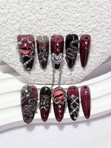 10pcs Halloween Deep Red Long Pointed Press-On Nails, Handmade Luxury ...