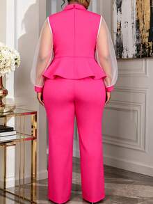 Plus Size 2 Pieces Outfit Lapel Collar Sheer Mesh Puff Long Sleeve Peplum Top And High Waist Wide Leg Pants Business Church Office Work Fall Suit - Hot Pink - View 6