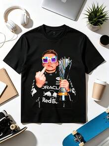 Max Verstappens F1 Racing Funny Trophy Graphic Fan Short Sleeve T‑Shirt - 黑色 - 查看 1