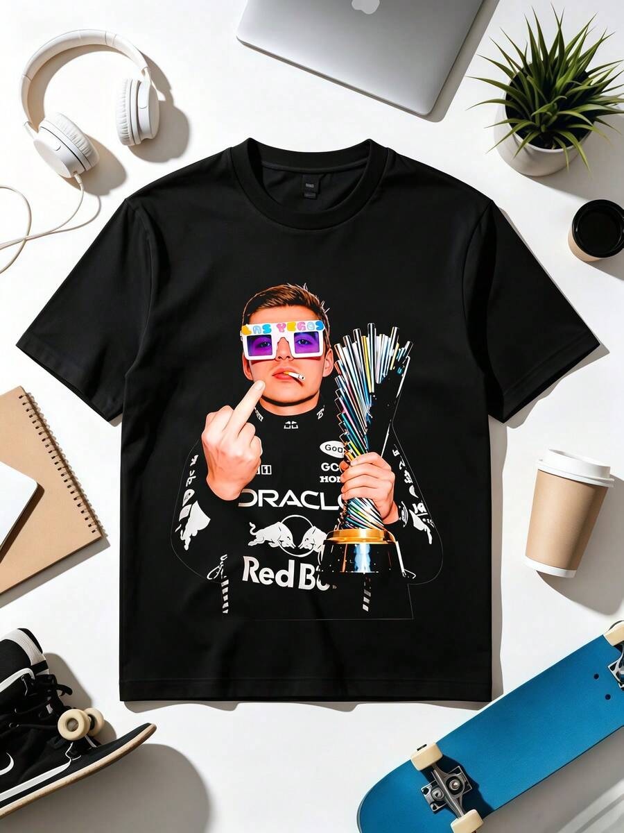 Max Verstappens F1 Racing Funny Trophy Graphic Fan Short Sleeve T‑Shirt - 黑色 - 查看 1