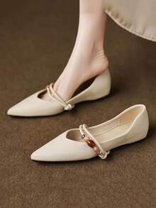 1 Pair Women's Elegant French Style Pointed Toe Flat Shoes, Contrast Color Beaded Thin Strap Low Vamp Soft Sole Autumn Commute Shoes - View 2