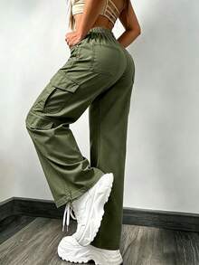 女款軍綠色高腰多口袋工裝褲，輕量寬腿休閒寬鬆長褲 - 軍綠色 - 查看 3