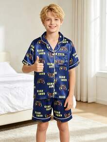 Tween Boy Blue Game Console Patterned Collar Short Sleeve Single-Breasted Shirt And Shorts Casual Pajama 2-Piece Set - Champagne - View 3