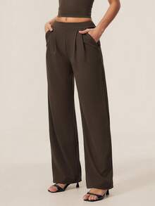 TimeOff Women's 1pc Solid Color Autumn/Winter Pleated Front Side Pocket Straight Wide Leg Long Pants - Coffee Brown - View 8