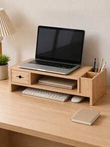1pc Wooden Computer Monitor Stand With Drawer, Natural Wood Desktop Organizer With Side Pen Holder And Keyboard Storage, Multifunctional Laptop Book Stationery Storage Rack, Suitable For Home Office, Study, Dorm - Multicolor - View 5
