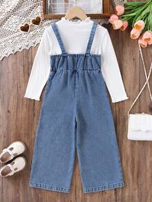 Girls' Big Bow Denim Overall Set, Loose Leg Bow Embroidery, Cute Fashion 2 Pieces Outfit - Blue and White - View 2