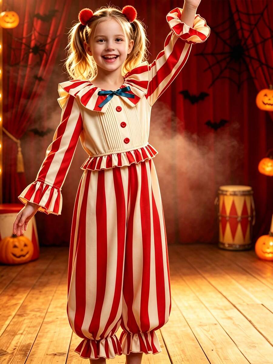 Boys Carnival Easter Halloween Party Striped Clown Jumpsuit Costume - Red - View 1