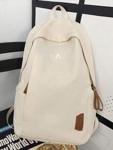 Solid Color Canvas Zipper Large Capacity Multi-Pocket Lightweight Student Backpack, Suitable For Back To School Campus Travel, For Students And Teenagers, Random Letter - Beige - View 8