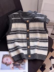 JIANHU Autumn/Winter Striped Knit Vest, Women's Comfortable Fuzzy Sweater Vest, Button Front, Casual Layering Fall - Dark Gray - View 2
