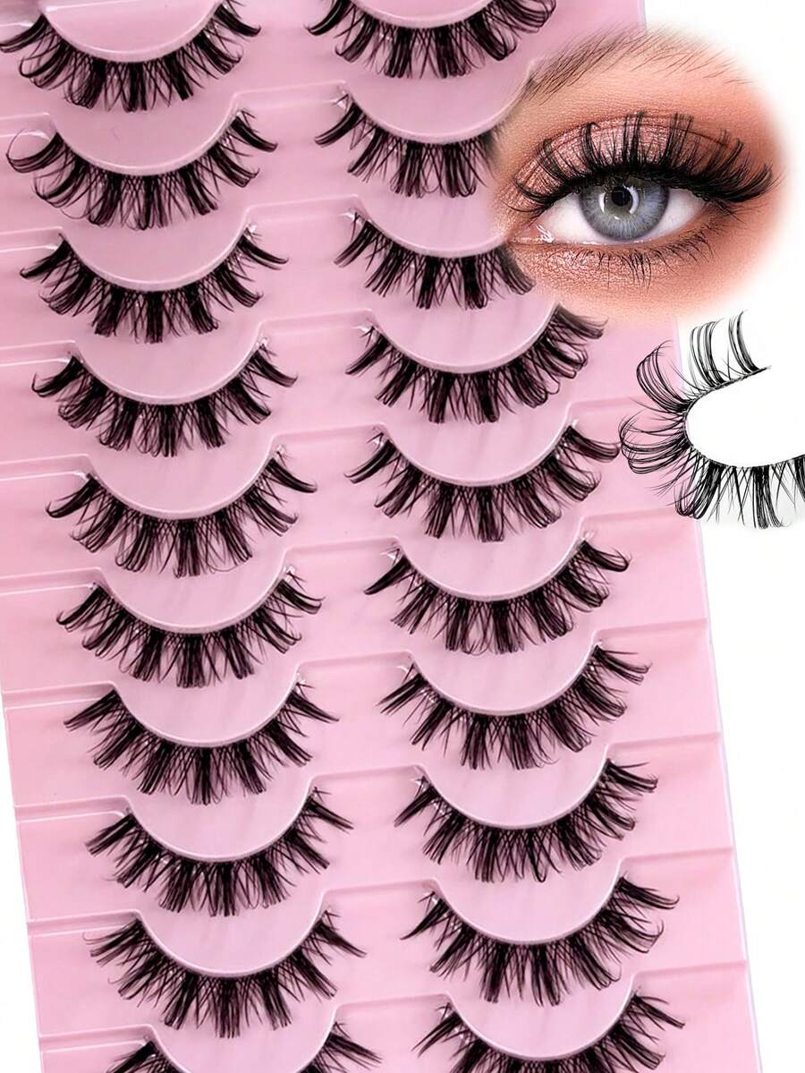 10 Pairs False Eyelashes Clear Band Slim Artificial Mink Eyelashes Fluffy Thick Russian Strip Lashes 3D Fake Eyelashes Curling Strip Lashes Natural Pointed Russian Eyelashes Crossed Cat Eye Lashes For Parties Daily And Various Occasions Makeup