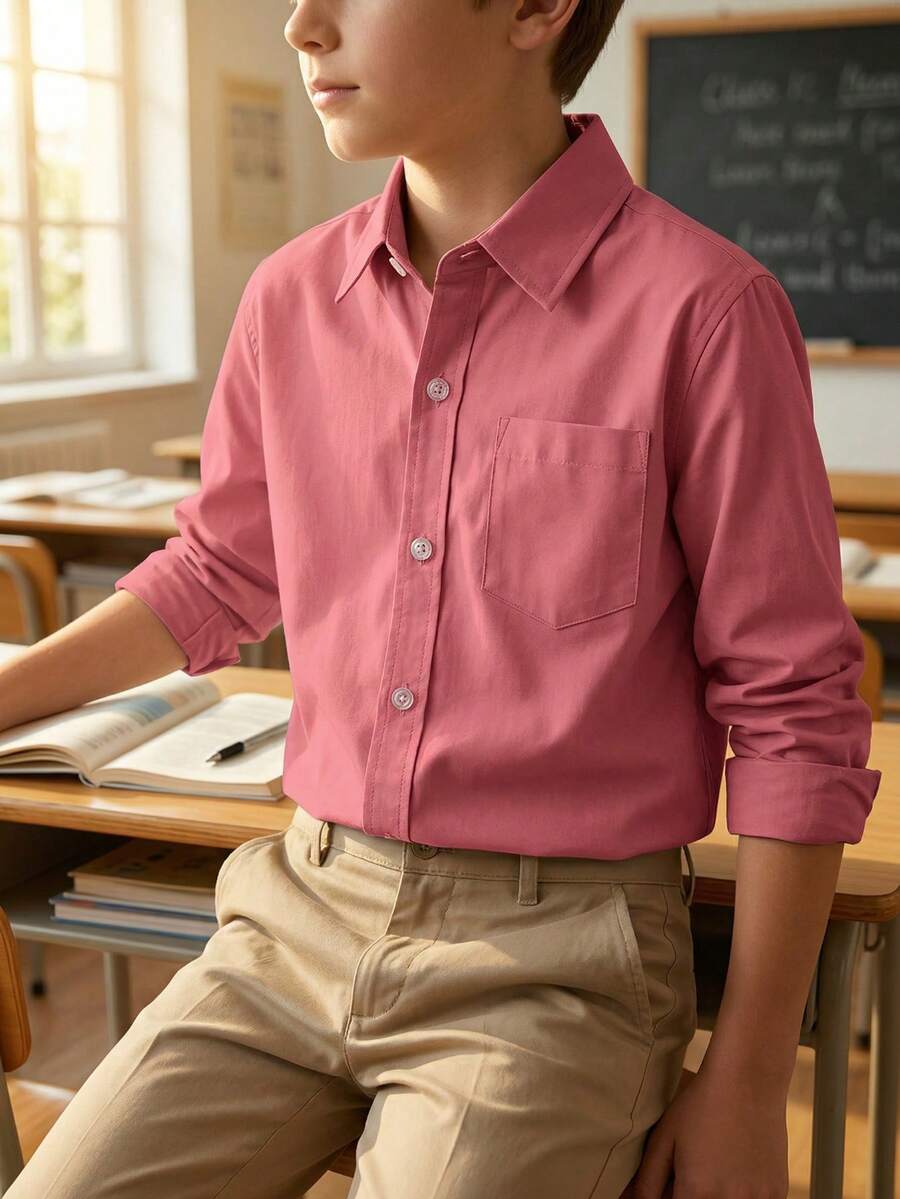 男童長袖經典翻領鈕扣T恤,純色附口袋休閒正裝襯衫,適合6-16歲兒童 - 西瓜粉 - 查看 1