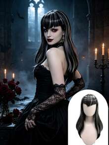 Women's Black Silver Streak Long Wavy Wig Synthetic Straight Bangs Gothic Vampire Style For Halloween Cosplay Party Costume - Black and White - View 1