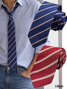 1/2pcs Men's Diagonal Textured Hand-Made Tie, Minimalist Versatile Striped Necktie - Multicolor - View 1