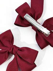2pcs Women's Solid Color Satin Double Ponytail Bow Hair Clips, Versatile Side Hair Accessories For Campus Photos, Sweet Girl Style, Smooth Fabric Material, Back To School Season Gift - Wine Red - View 4