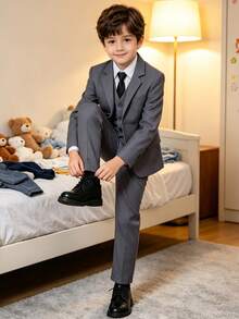 男童 5 件套正式西裝套裝，包含西裝外套、背心、白色口袋襯衫、長褲、領帶，適用於婚禮、畢業典禮、派對及其他正式場合，灰色，6-16 歲 - 灰色 - 查看 3
