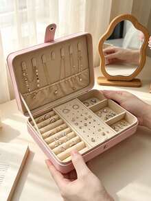1pc Large Capacity Jewelry Storage Box, PU Travel Jewelry Organizer, Cosmetic Storage Box, Pink Travel Accessory, Jewelry Storage Container, Travel Essential, Suitable For Storing Earrings, Necklaces, Rings, Etc., Holiday Gift, Women's Gift. - Multicolor - View 17