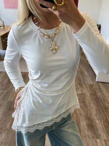 Women's Lace Patchwork Pleated Fitted Versatile Casual Daily Top - White - View 3