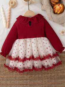 Autumn/Winter Toddler Girls Christmas Holiday Princess Style Tulle Patchwork Long Sleeve Butterfly & Polka Dot Element Tutu Dress - Red - View 2