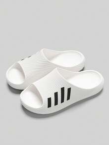 Black & White Minimalist Men's Casual Summer Open Toe Slippers, EVA Soft Sole Cloud-Feel Bathroom Slides - White - View 3