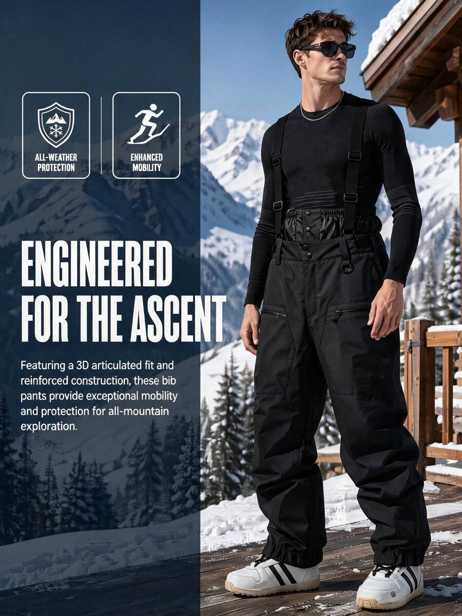 1pc Men's Detachable Bib Ski Pants, Single/Double Board Outdoor Snow Sports Bib Pants Black Winter