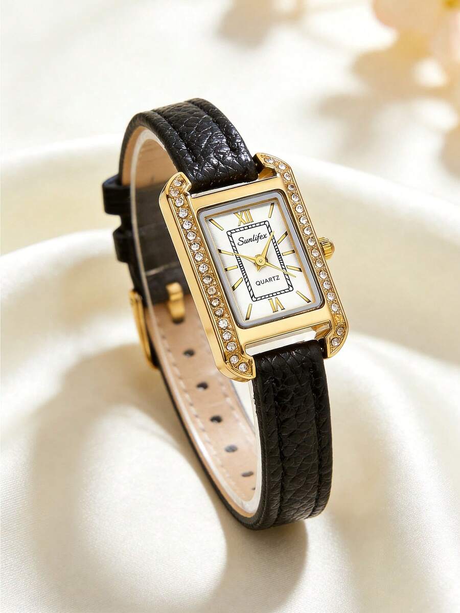 1pc Women's Rectangular Retro Rhinestone Quartz Watch,Gold Alloy Case,White Dial, Black PU Leather Strap, Elegant Wristwatch For Daily Wear & Gifting - White - View 1
