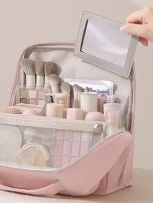 Upright Cosmetic Bag, Large Capacity Multi-Functional Portable Travel Business Toiletry Bag, Multi-Compartment Design Mesh Pockets, Portable Skincare Products Storage, For Women, Christmas Gift, Great Gift For Her,Makeup Pouch,Travel Essential - Morandi Colors - View 3