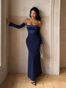 Fall, Elegant Dresses, Wedding Guest Dresses, Women's Resort Wear, Perfect For Beach, Festivals, Parties, Birthdays, Luxurious Evening Dresses - Navy Blue - View 4