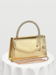 European & American Women's Minimalist Gold Evening Clutch Bag, Luxury Leather Texture Handbag With Glamorous Rhinestone Decor, Small Handheld Bag Suitable For Matching/Ball/Party/Wedding/Bride/Bridesmaid/Birthday Dress, Gift Bag For Women With Random Metal Chain Pattern - Gold - View 6
