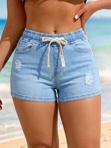 Women Denim Shorts - Baby Blue - View 3