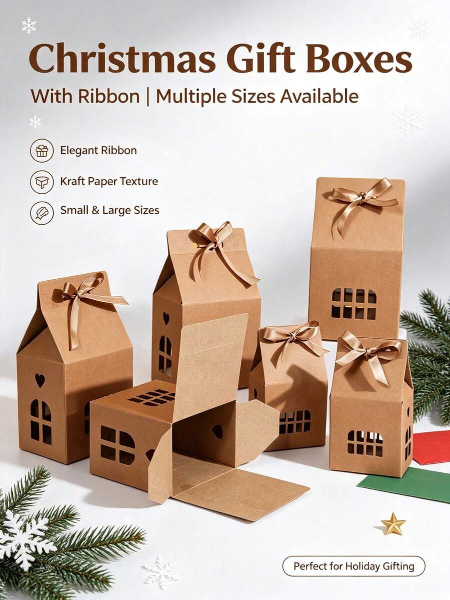 Xmas House‑Shaped Gift Boxes With Satin Ribbon, Hollow Cutout Window Kraft Paper Box, Christmas Candy Cookie Treat Holder For Holiday Gift Giving Party Decoration - View 1