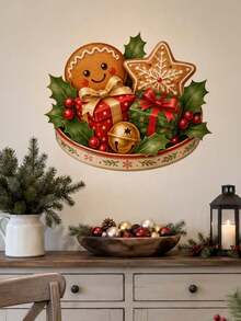 1pc Christmas Gingerbread Cookie & Gift Box Wall Sticker, Holly Berry & Jingle Bell Wall Decal, Self-Adhesive Removable Waterproof PVC Peel And Stick Wall Decor For Kitchen Dining Room Living Room, Holiday Home Decoration - Christmas Gift Tray Theme Wall Sticker - View 6