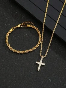 2pcs/Set Hip Hop Iced Out Rhinestone Cross Pendant Twist Rope Chain Necklace Bracelet Streetwear Jewelry For Boys Party Daily Wear Gift - Multicolor - View 3