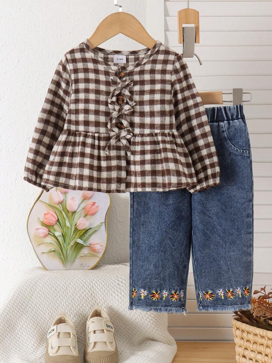 2pcs Baby Girl Casual Vintage Plaid Top & Embroidered Denim Pants Set, Thin For Spring/Autumn - Multicolor - View 1