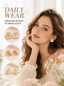 4/8/16/24pcs Two Tone Enamel Heart Stainless Steel Stud Earrings,Jewelry Women,Accessories For Women,Gold Trim Soft Girl Chic Daily Accessories - Multicolor - View 4