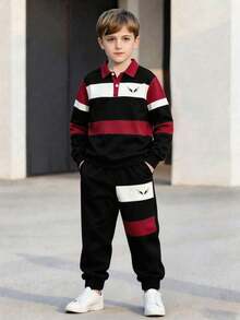 Boys' Spring/Autumn 2 Pieces Set, Colorblock Wide Striped Polo Collar Sweatshirt And Jogger Sweatpants, Kids' Sports Outfit - Burgundy - View 2