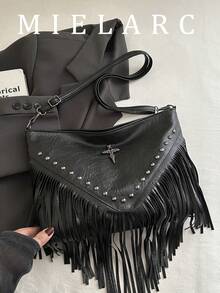 Fashionable Retro Solid Color Crossbody Bag, Bohemian Style Shoulder Bag, Tassel Studded Cross Decor Square Wallet, Casual Messenger Bag, Suitable For Travel And Daily Use, Portable Business Work Crossbody Bag, Tassel Shoulder Bag, Compact Handbag - Black - View 2