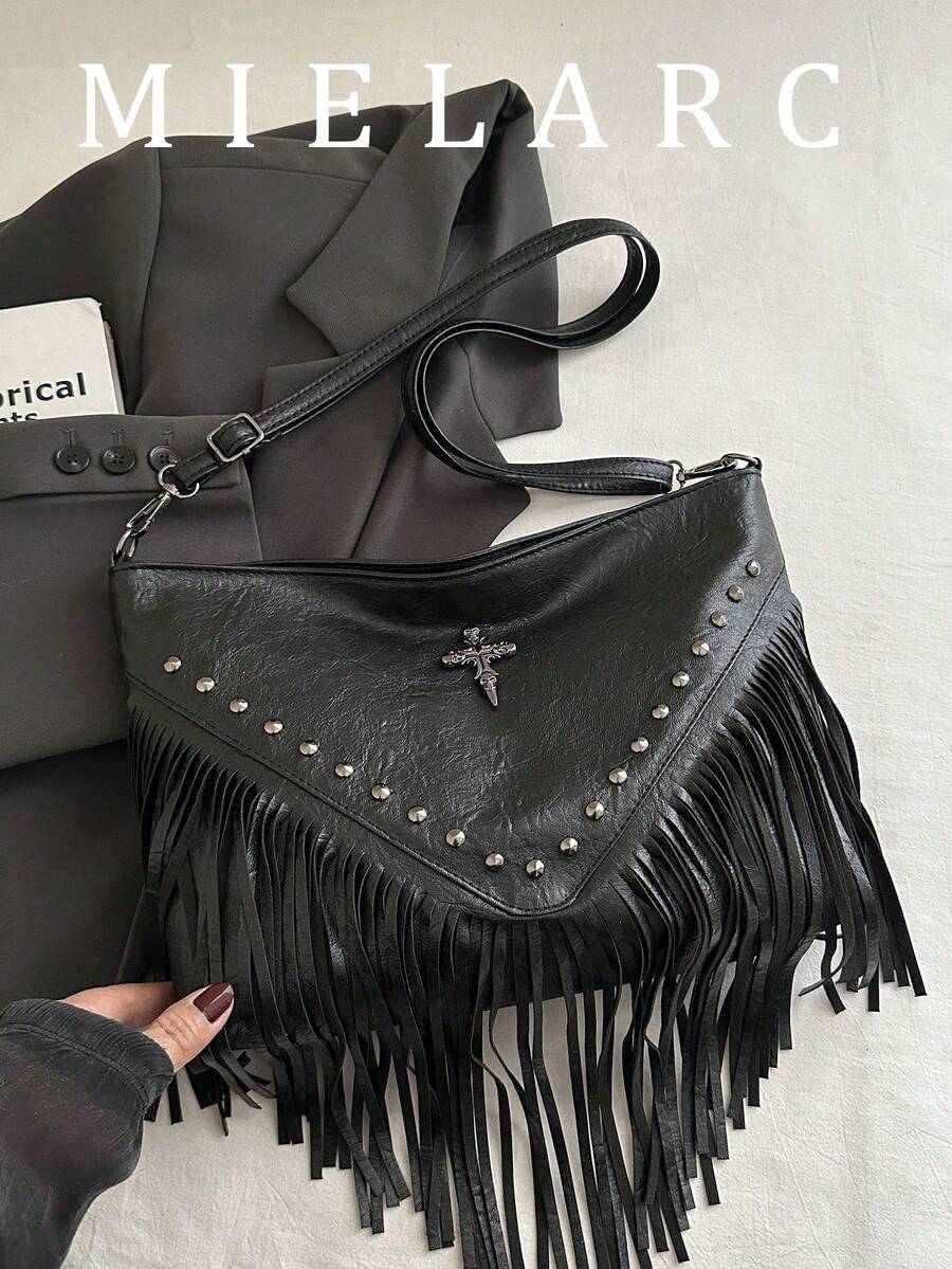 Fashionable Retro Solid Color Crossbody Bag, Bohemian Style Shoulder Bag, Tassel Studded Cross Decor Square Wallet, Casual Messenger Bag, Suitable For Travel And Daily Use, Portable Business Work Crossbody Bag, Tassel Shoulder Bag, Compact Handbag