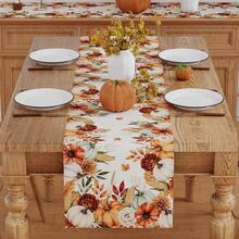 1pc Autumn Harvest Watercolor Pumpkin Corn Floral Print Table Runner - Polyester Stiff Fabric, Rectangular, Ideal For Holiday Dining And Outdoor Parties, Suitable For Home Dining Room And Restaurant, Kitchen Supplies, Party Table Decor - Multicolor - View 3