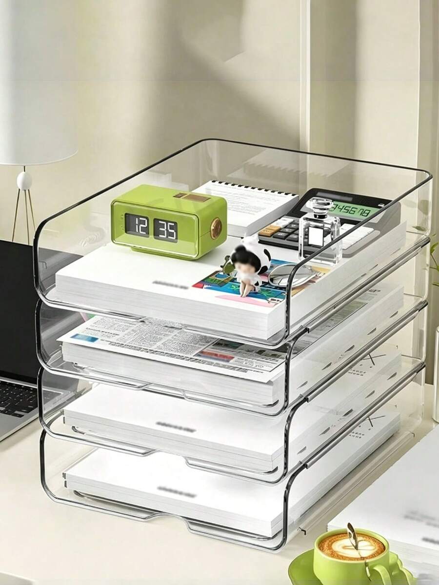 2 Stackable File Trays, Paper Storage Box, Transparent Desktop File Organizer, Suitable For School, Office And Home Desktop Storage Rack, File Organizer Box Can Store Books, Newspapers And Magazines. - Clear - View 1