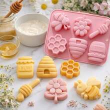 1pc 6-Cavity Bee & Flower Silicone Mold, Themed Silicone Soap Mold, Bee Honeycomb & Flower Candle Mold, Suitable For DIY Crafts, Wedding Decor, Polymer Clay, Candles, Plaster - Pink - View 11