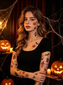 30pcs Fun Halloween Tattoo Stickers, Containing A Lot Of Halloween Elements And More. Suitable For Parties With Both Men And Women, Including Arms, Necks, Collarbones, Calves, And Other Areas, This Halloween Gift Is Waterproof And Long-Lasting - Multicolor - View 2