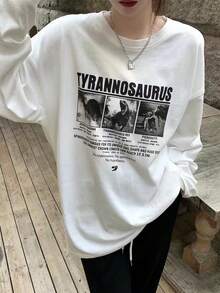 Women's Round Neck Long Sleeve T-Shirt, Spring/Autumn New Dinosaur Pattern & Letter Print, Fashion Casual Versatile Loose Top - White - View 7
