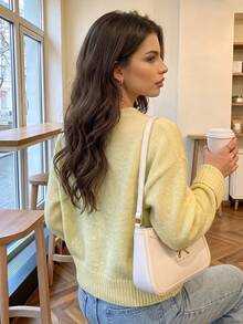 Women's Autumn Pale Yellow Crew Neck Knit Sweater, Dropped Shoulder, Folded Cuffs, Long Sleeve, Ribbed Hem, Oversized, Casual, Outdoor, Daily Top - Yellow - View 2